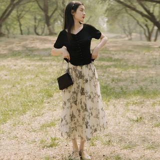 Set: Short-sleeve Blouse + Embroidered Midi A-line Skirt