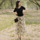 Set: Short-sleeve Blouse + Embroidered Midi A-line Skirt