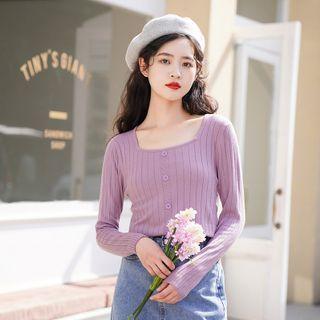 Square Neck Plain Knit Long-sleeve Top