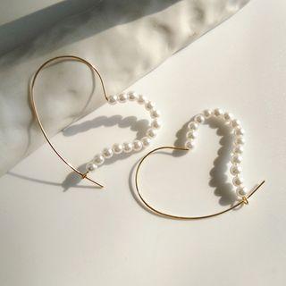 Faux Pearl Heart Hoop Earring 1 Pair - Stud Earrings - Heart - One Size