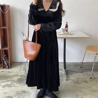 Sailor Collar Velvet Midi Dress Black - One Size