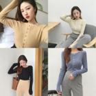 Long-sleeve Buttoned Rib Knit Top