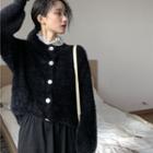 Long-sleeve Lace Top/ Furry Button Cardigan