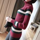 Striped Turtleneck Rib Knit Top