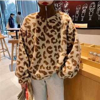 Stand Collar Leopard Print Furry Pullover