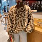 Stand Collar Leopard Print Furry Pullover