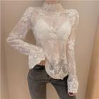 Long-sleeve Mock Neck Ruffled Lace Top Almond - One Size