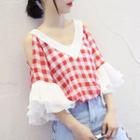 Elbow-sleeve Cut Out Check Top