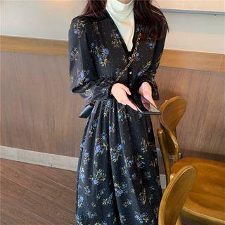Plain Turtle-neck Long-sleeve Top / Floral Print V-neck Long-sleeve Dress