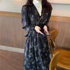 Plain Turtle-neck Long-sleeve Top / Floral Print V-neck Long-sleeve Dress