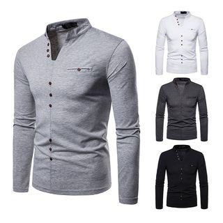 Split-neck Buttoned Long-sleeve T-shirt