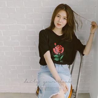 Lettering Rose Print T-shirt
