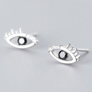 925 Sterling Silver Faux Crystal Eye Earring 1 Pair - S925 Silver - Silver & Black - One Size