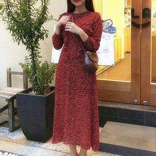 Long-sleeve Ruffle-trim Dotted Midi Dress
