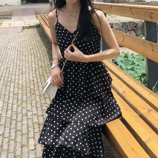 Spaghetti Strap Tiered Dotted Midi A-line Dress