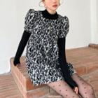 Puff-sleeve Leopard Print Mini A-line Dress Leopard - Black & White - One Size