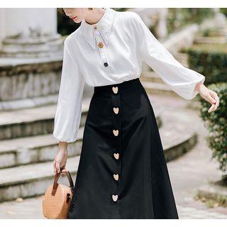 Set: Buttoned Blouse + High-waist Midi A-line Skirt