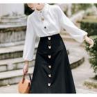Set: Buttoned Blouse + High-waist Midi A-line Skirt