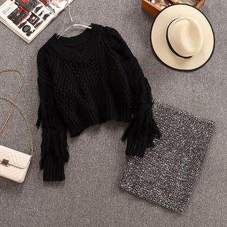 Set: Fringed Sweater + Mini Sequined Sheath Skirt