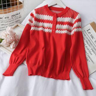Wave-pattern Henley Sweater Red - One Size