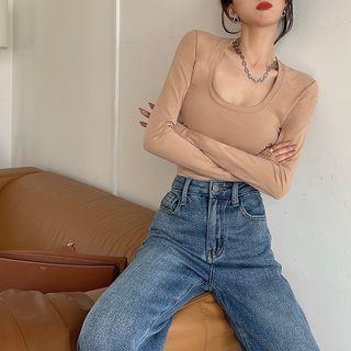 Long-sleeve Plain Floral Slim-fit Cropped Top