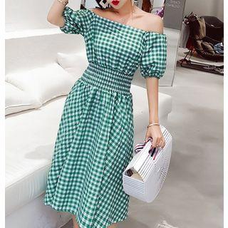 Color-block Off-shoulder Plaid Dress