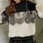 Fleece Lace Panel Sweatshirt As Shown In Figure - One Size
