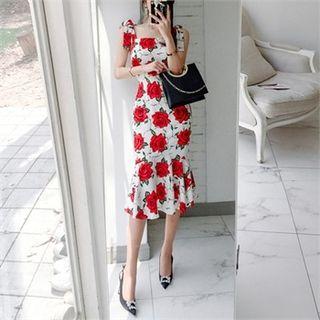 Sleeveless Square-neck Rosette Midi Mermaid Dress