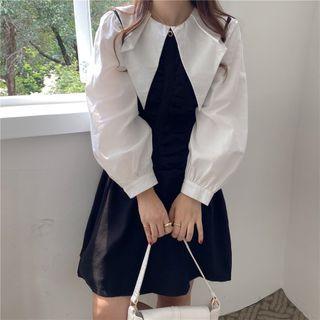 Mock Two-piece Long-sleeve Wide Collar Midi A-line Dress Black - One Size