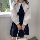 Mock Two-piece Long-sleeve Wide Collar Midi A-line Dress Black - One Size