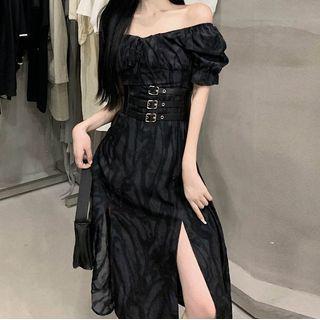 Short-sleeve Slit Midi A-line Dress / Buckled Waist Belt