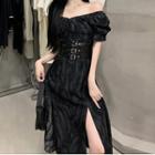 Short-sleeve Slit Midi A-line Dress / Buckled Waist Belt