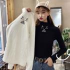 Mock Neck Cat Embroidered Long Sleeve Top