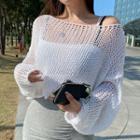 Long-sleeve One-shoulder Pointelle Knit Crop Top White - One Size