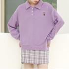 Bear Embroidered Polo-neck Sweatshirt Purple - One Size