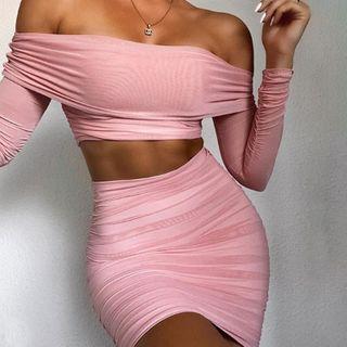 Set: Long-sleeve Off-shoulder Crop Top + Mini Skirt