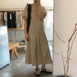 Balloon-sleeve Shirred Midi A-line Dress Khaki - One Size