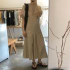 Balloon-sleeve Shirred Midi A-line Dress Khaki - One Size