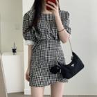 Elbow-sleeve Plaid Mini Sheath Dress Black - One Size