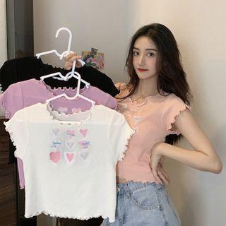Cap-sleeve Heart Embroidered Knit Top