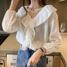 Long-sleeve Peter Pan Collar Ruffled Trim Blouse