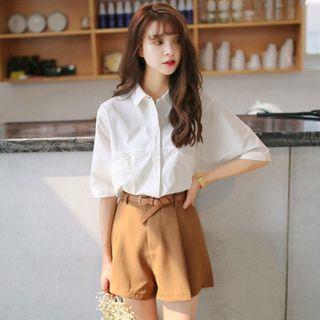Short-sleeve Plain Shirt / High-waist Plain Wide-leg Shorts