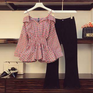 Gingham Cold-shoulder Blouse / Boot-cut Jeans