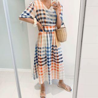 V-neck Checked A-line Dress Blue - One Size