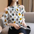 Elbow-sleeve Dot Print Cold-shoulder Blouse