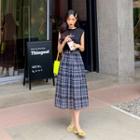 Set: Letter Sleeveless T-shirt + Long Plaid Skirt