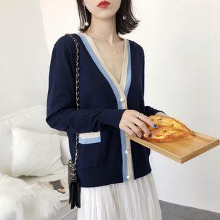 Contrast Trim Faux Pearl Buttoned Cardigan
