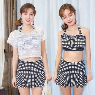 Set Of 3: Cover-up + Plaid Tankini Top + Swim Skirt