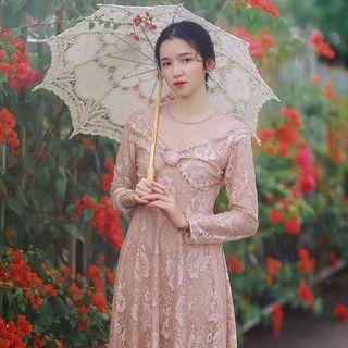 Mesh Panel Lace Long-sleeve Midi A-line Dress