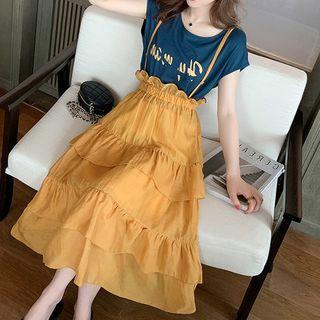 Set: Short-sleeve Printed T-shirt + A-line Midi Tiered Suspender Skirt